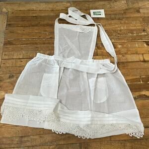 NWT Vintage Paper White Linen Lace Embroidered Apron Handmade